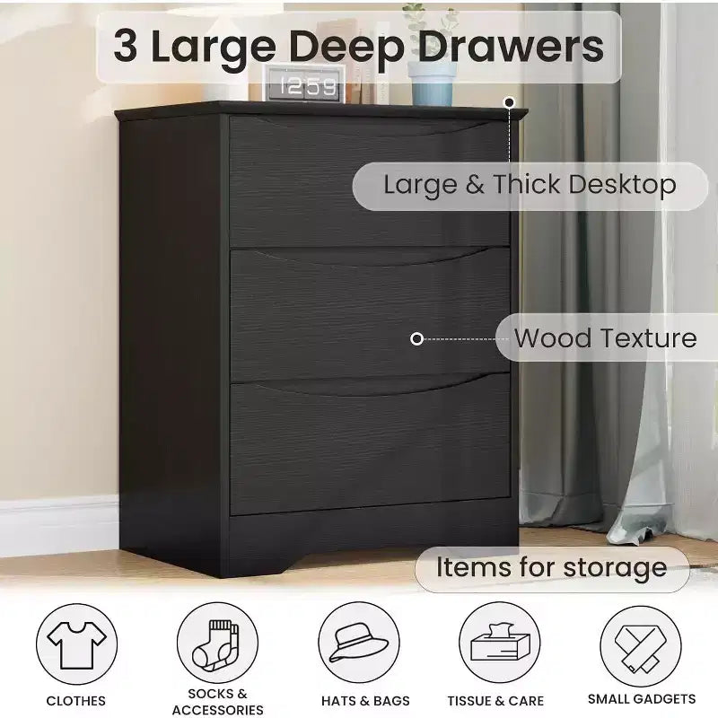 Wooden Dresser with 3 Drawers, Tall Modern Closet with Deep Storage, Large Chest of Drawers with Wide Top, Long Storage Dresser for Bedroom