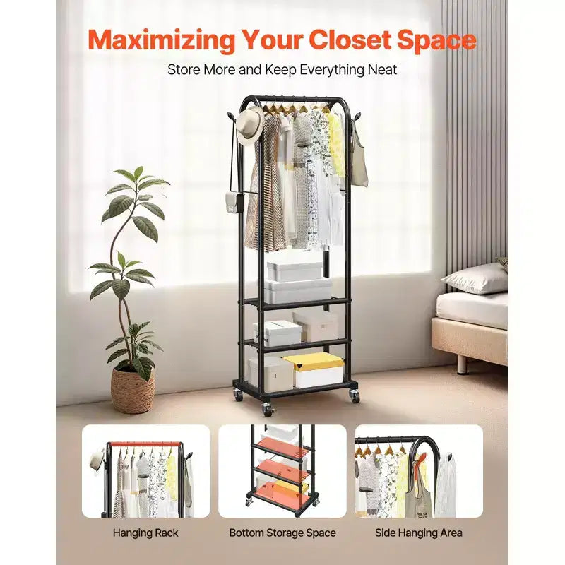 Rolling Clothes Rack with Shelves Heavy Duty Garment Rack on Wheels 71 Tall for Bedroom