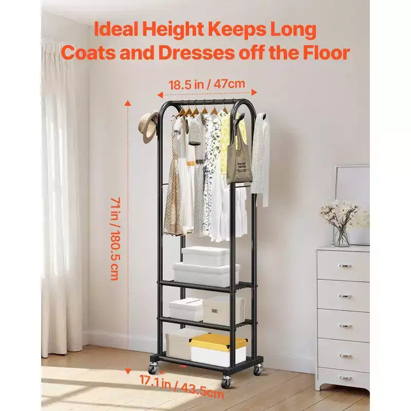 Rolling Clothes Rack with Shelves Heavy Duty Garment Rack on Wheels 71 Tall for Bedroom