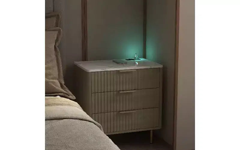 Modern Nightstand with Charging Station & Voice-Controlled Night Light, Multi-Storage Side Table with Cabinet for Bedroom