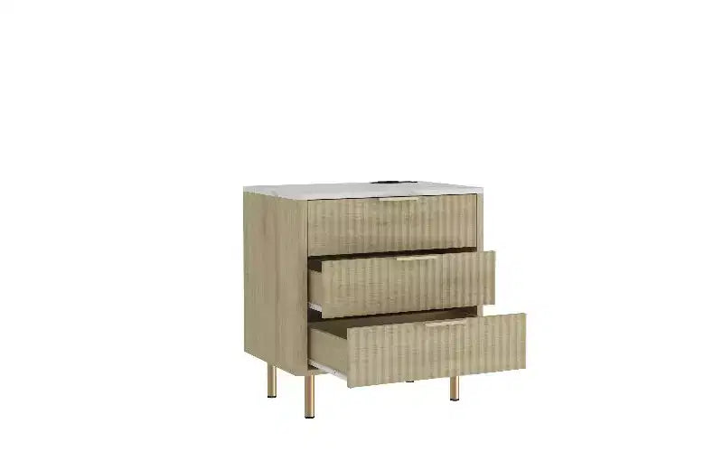 Modern Nightstand with Charging Station & Voice-Controlled Night Light, Multi-Storage Side Table with Cabinet for Bedroom