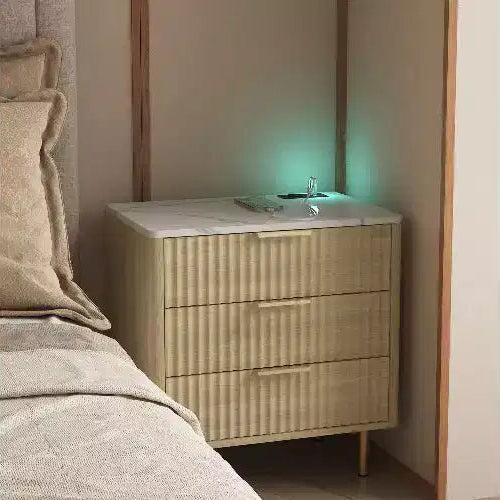 TUYOHW Modern Nightstand with Charging Station & Voice-Controlled Night Light, Multi-Storage Side Table with Storage Cabinet for Bedroom
